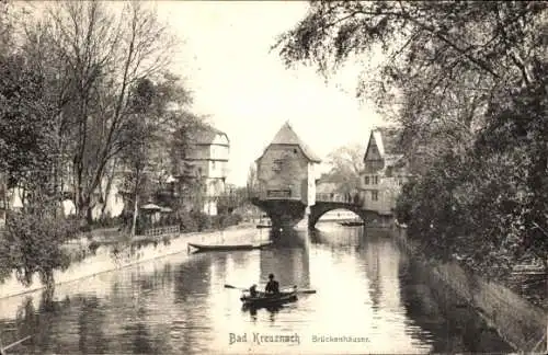 Ak Bad Kreuznach an der Nahe, Brückenhäuser, Brücke, Ruderboot