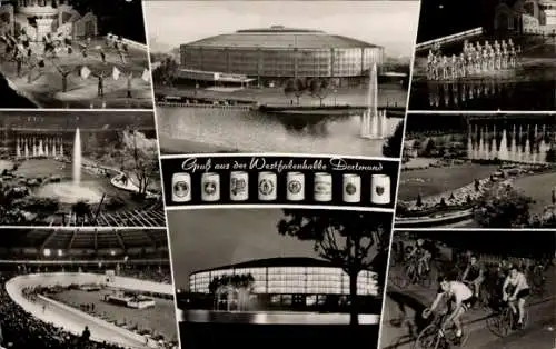 Ak Dortmund im Ruhrgebiet, Sporthalle, Fahrradfahrer, Springbrunnen