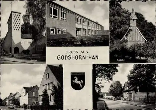 Ak Godshorn Langenhagen in Niedersachsen, Kapelle, Schule, Kirche, Hauptstraße, Wappen