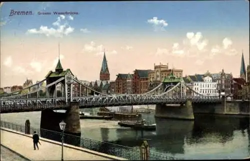 Ak Hansestadt Bremen, Große Weserbrücke, Dampfer, Türme