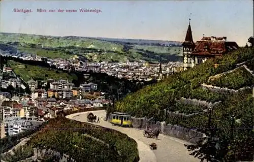 Ak Stuttgart in Württemberg, Panorama, Blick von der neuen Weinsteige, Straßenbahn, Pferdekutschen