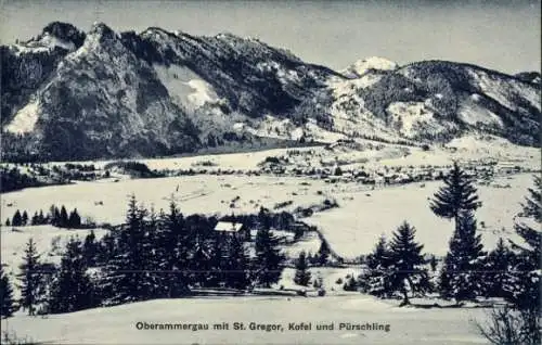 Ak Oberammergau in Oberbayern, Panorama, Winter, St. Gregor, Kofel, Pürschling