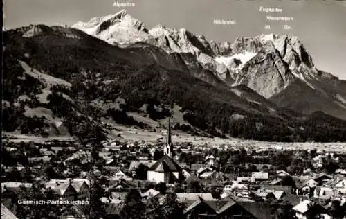 Ak Garmisch Partenkirchen in Oberbayern, Panorama, Kirche, Alpspitze, Höllental, Zugspitze