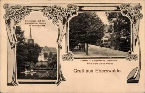 Jugendstil Ak Eberswalde, Kath. Kirche, Theater und Konzerthaus Harmonie, Restaurant Mewes