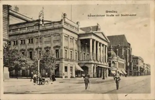 Ak Wrocław Breslau Schlesien, Schweidnitzer Straße mit Stadttheater