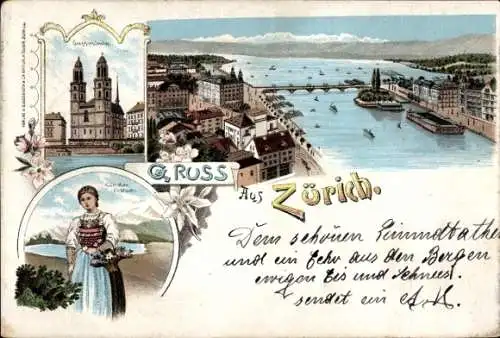 Litho Zürich Stadt Schweiz, Gesamtansicht, Münster, Frau in Tracht