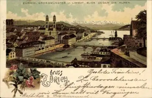 Litho Zürich Stadt Schweiz, Gesamtansicht, Großmünster, Limmat