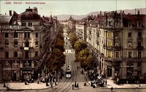 Ak Zürich Stadt Schweiz, Bahnhofstraße, Straßenbahn, Geschäfte