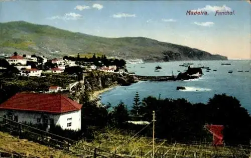 Ak Funchal Insel Madeira Portugal, Vogelschau auf den Ort, Küste