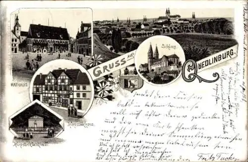 Litho Quedlinburg im Harz, Schloss, Rathaus, Klopstock Denkmal, Wappen