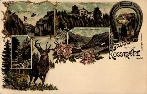 Litho Thale im Harz, Rosstrappe, Rosstrappfelsen, Hotel, Bodetal