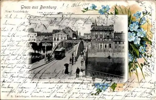 Passepartout Ak Bernburg an der Saale, Neue Saalebrücke, Straßenbahn