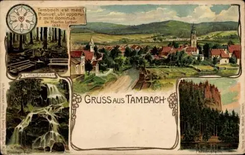 Präge Litho Tambach Dietharz im Thüringer Wald, Lutherbrunnen, Splitter Fall, Falkenstein