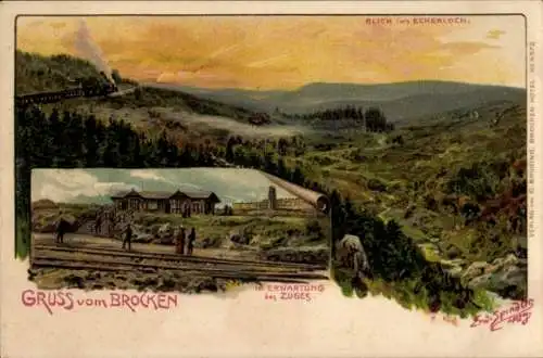 Künstler Litho Spindler, E., Brocken Nationalpark Harz, Bahnhof, Fahrgäste, Eckerloch