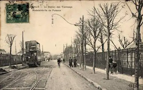 Ak Puteaux Hauts de Seine, La Station des Tramways, Madeleine Ile de Puteaux