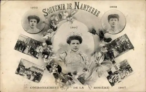 Ak Nanterre Hauts de Seine, Souvenir de Nanterre 1905-1907 mittig eine junge Frau, umrahmt von...