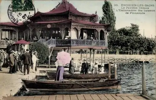 Ak Enghien les Bains Val d'Oise, Pavillon Chinois, Embarcadere des bateaux de Promenade