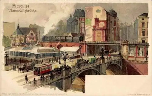 Künstler Litho Kley, Heinrich, Berlin Mitte, Blick über die Jannowitzbrücke, Straßenbahn