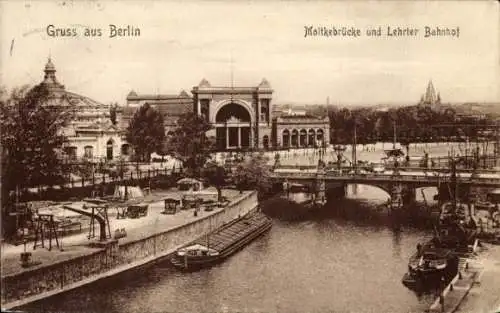 Ak Berlin Tiergarten Moabit, Moltkebrücke, Lehrter Bahnhof, Schiffe auf der Spree