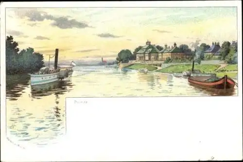 Künstler Litho Müller, Waldemar, Dresden Pillnitz, Flusspartie, Salon Dampfer