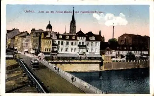 Ak Guben in der Niederlausitz, Straßenbahn auf der Neiße-Brücke, Frankfurter Straße