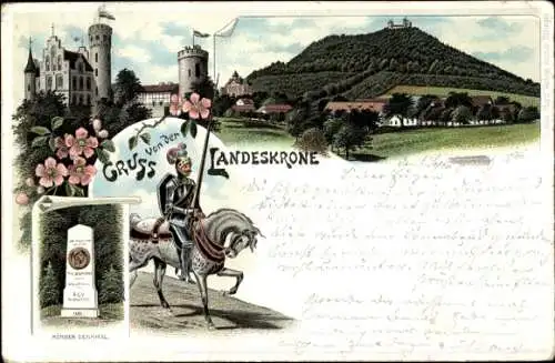 Litho Görlitz in der Lausitz, Landeskrone, Reiter, Ritter, Körner Denkmal