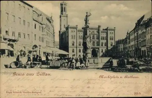 Ak Zittau in der Oberlausitz, Marktplatz mit Rathaus und Brunnen