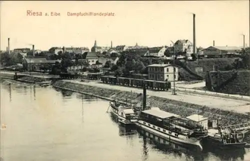 Ak Riesa an der Elbe Sachsen, Dampfschifflandeplatz