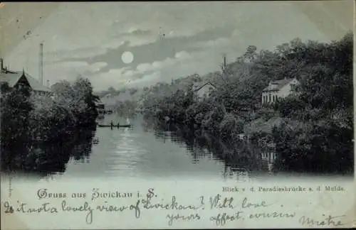 Mondschein Ak Zwickau in Sachsen, Paradiesbrücke, Mulde