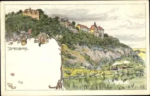 Künstler Litho Dornburg Camburg in Thüringen, Ortschaft mit Landschaftsblick