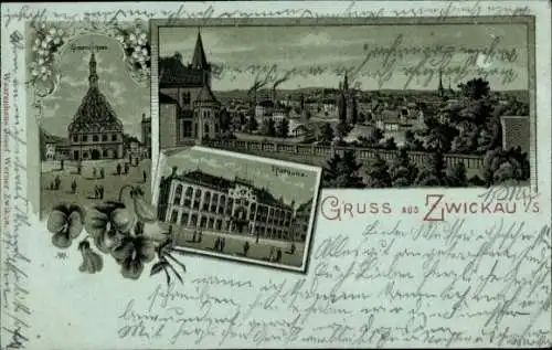 Mondschein Litho Zwickau in Sachsen, Gesamtansicht, Rathaus