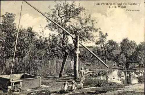 Ak Böhlscheiben Bad Blankenburg im Kreis Saalfeld Rudolstadt, Ziehbrunnen mit Mädchen und Tieren