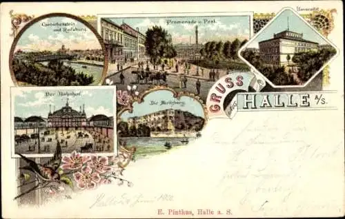 Litho Halle an der Saale, Promenade, Post, Bahnhof, Universität, Moritzburg, Giebichenstein