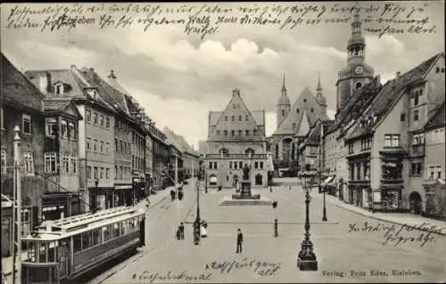 Ak Lutherstadt Eisleben, Markt, Straßenbahn, Denkmal