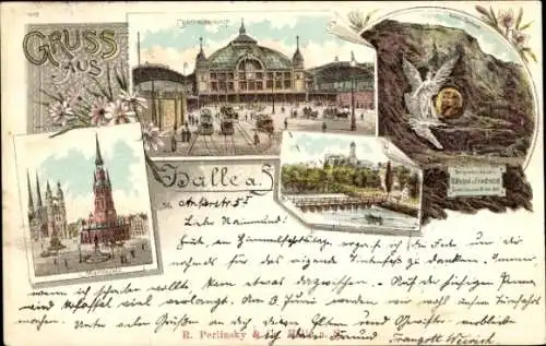 Litho Halle an der Saale, Zentralbahnhof, Marktplatz, Denkmal, Straßenbahnen