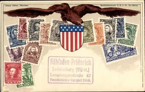 Briefmarken Wappen Litho USA, Eagle, Stars and Stripes, 2 Cents