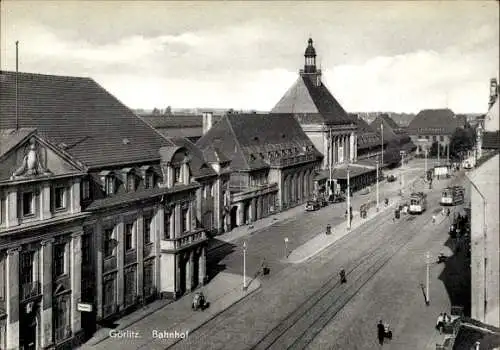 Ak Görlitz in der Lausitz, Bahnhof, Straßenbahn