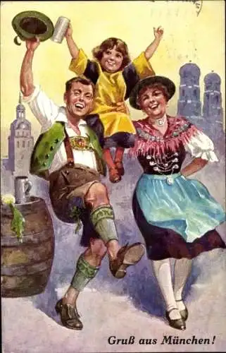 Ak Oktoberfest, Familie in Tracht, Weinfass, Bierkrug