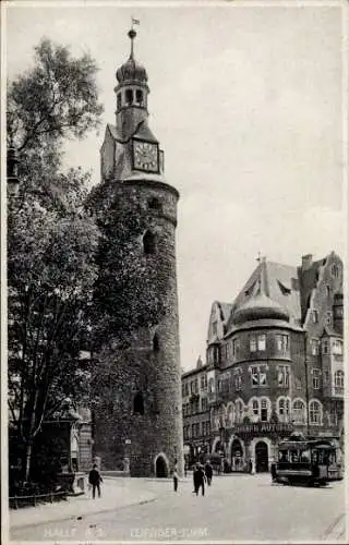 Ak Halle an der Saale, Leipziger Turm, Automat, Straßenbahn