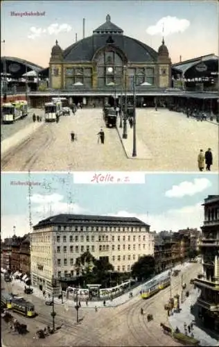 Ak Halle an der Saale, Hauptbahnhof, Riebeckplatz, Straßenbahnen