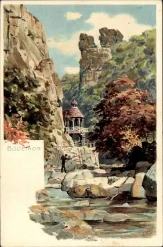 Künstler Litho Thale im Harz, Blick auf Bodetor, Felsen, Angler