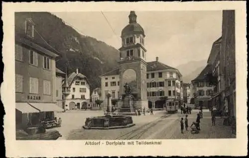 Ak Altdorf Kt Uri, Dorfplatz mit Telldenkmal, Straßenbahn, Bazar