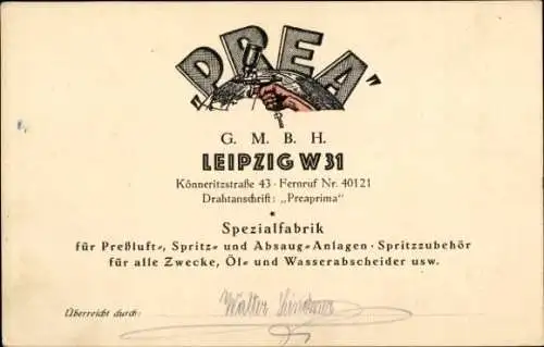 Ak Leipzig in Sachsen, Werbung, Prea, Spezialfabrik für Preßluft-Zubehör, Könneritzstraße 43