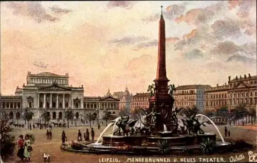 Künstler Ak Leipzig, Mendebrunnen und Neues Theater, Tuck's Oilette No. 180 B