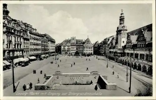 Ak Leipzig, Markt mit Eingang zur Untergrundmesshalle, Geschäfte