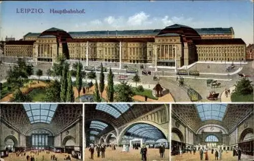 Ak Leipzig in Sachsen, Hauptbahnhof, Außenansicht mit Straßenbahnen, Innenhalle