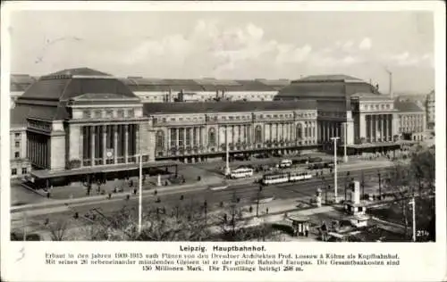 Ak Leipzig, Straßenseite des Hauptbahnhofes, Trams