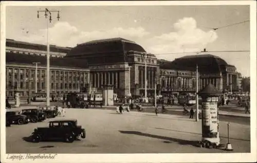 Ak Leipzig in Sachsen, Hauptbahnhof, Litfaßsäule, Straßenbahn, Autos