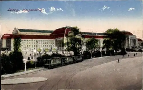 Ak Leipzig in Sachsen, Hauptbahnhof, Straßenbahn