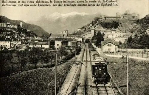 Ak Bellinzona Kanton Tessin, Gotthardbahn in Fahrt durch den Ort